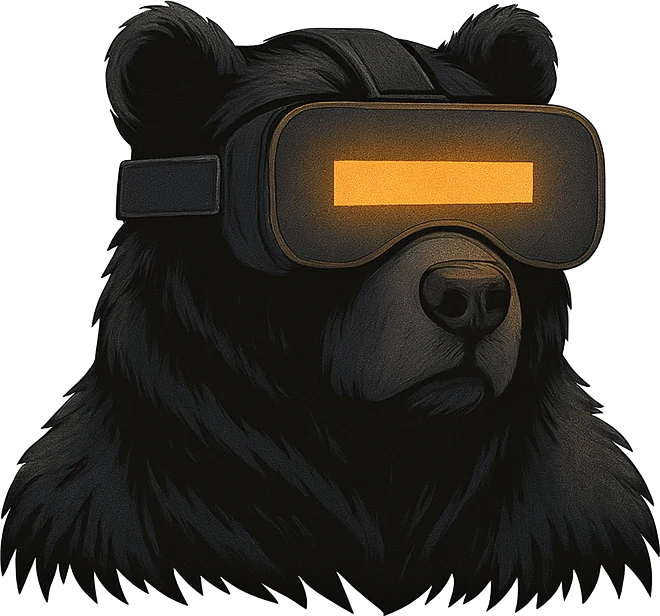A grizzly bear wearing a VR headset with a glowing amber visor, the Grizzly Dog Studio mascot